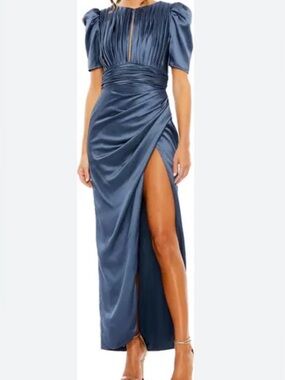 New Ieena for Mac Duggal Puff Sleeve Pleated Bodice Draped Gown Blue 14 Flawed